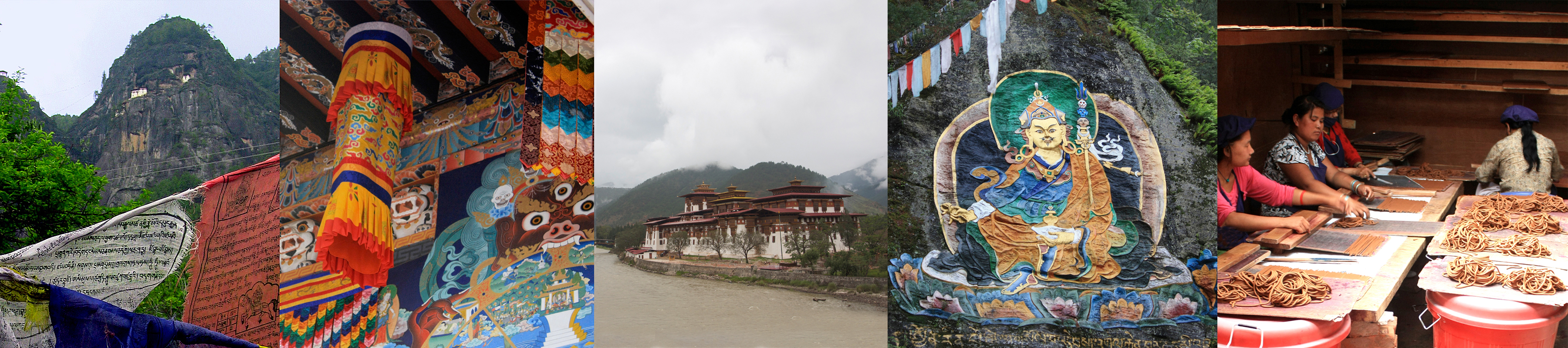 Images of Bhutan: Tiger's Nest Monastery; a Dzong interior; Punakha Dzong; Guru Rimpoche; hand-crafting fine incense